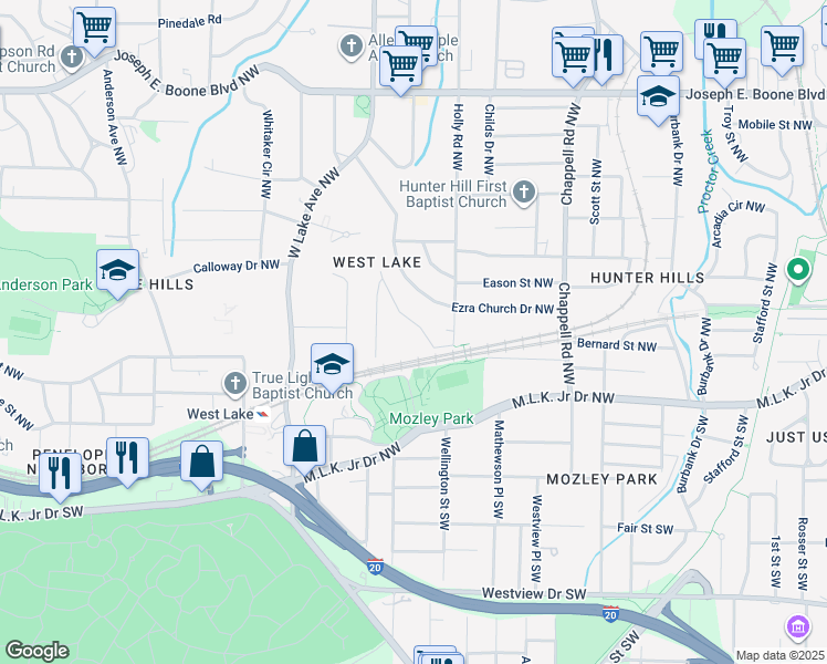 map of restaurants, bars, coffee shops, grocery stores, and more near 38 Spring Lane Northwest in Atlanta
