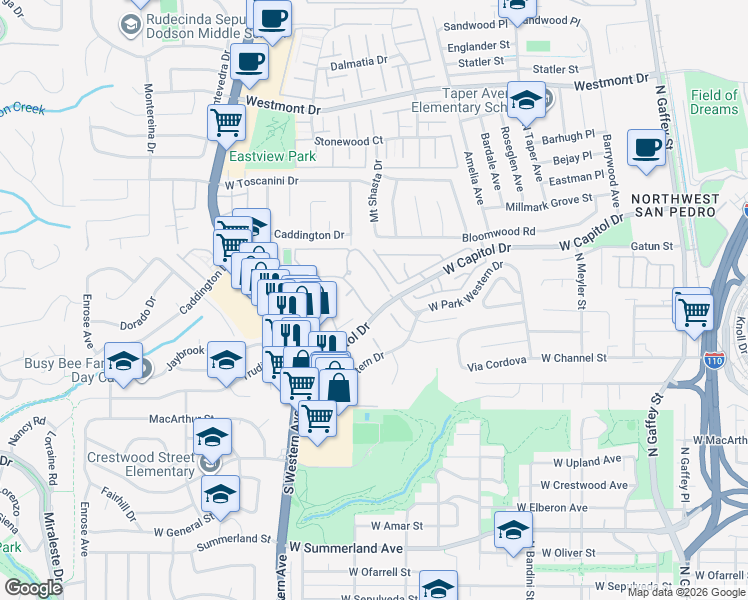 map of restaurants, bars, coffee shops, grocery stores, and more near 1414 Brett Place in Los Angeles