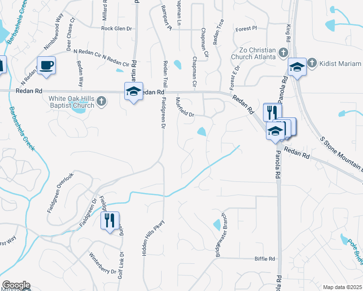 map of restaurants, bars, coffee shops, grocery stores, and more near 1276 Muirforest Drive in Stone Mountain