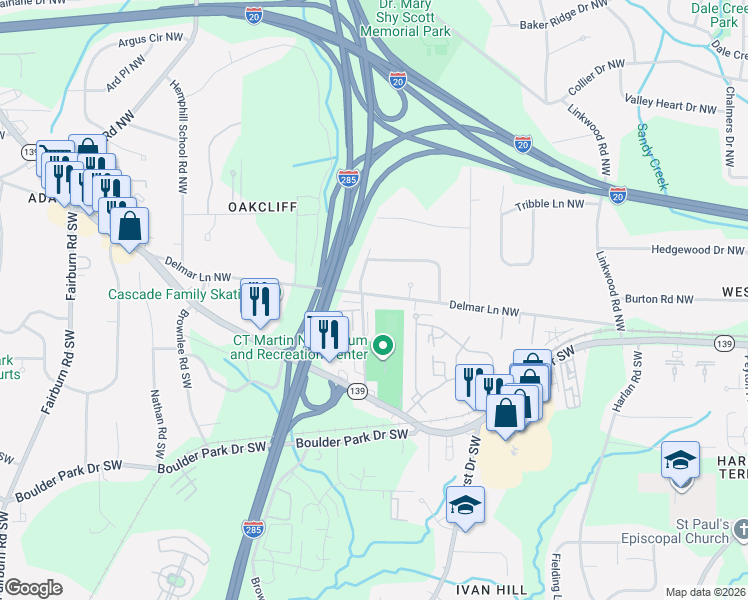 map of restaurants, bars, coffee shops, grocery stores, and more near 3200 Delmar Lane Northwest in Atlanta