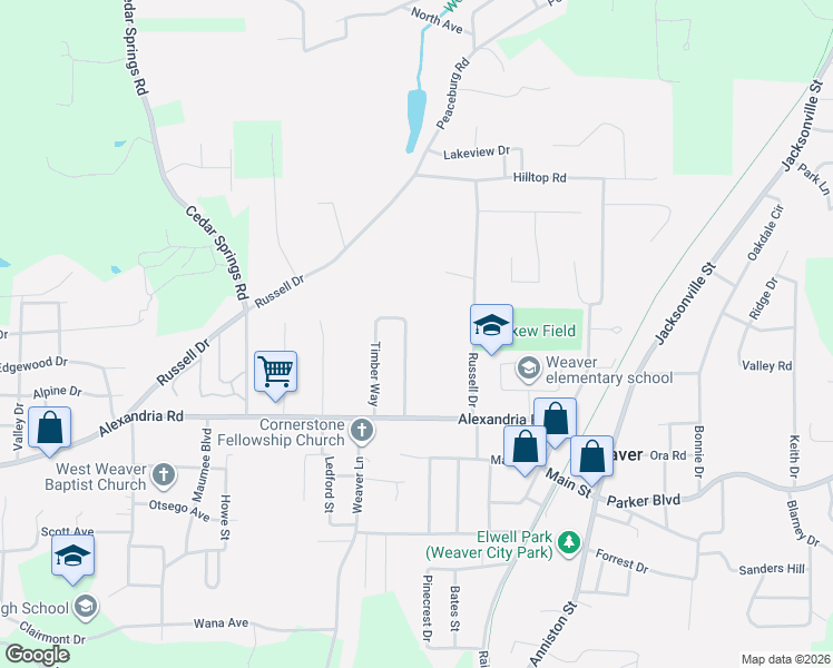 map of restaurants, bars, coffee shops, grocery stores, and more near 718 Timber Way in Weaver