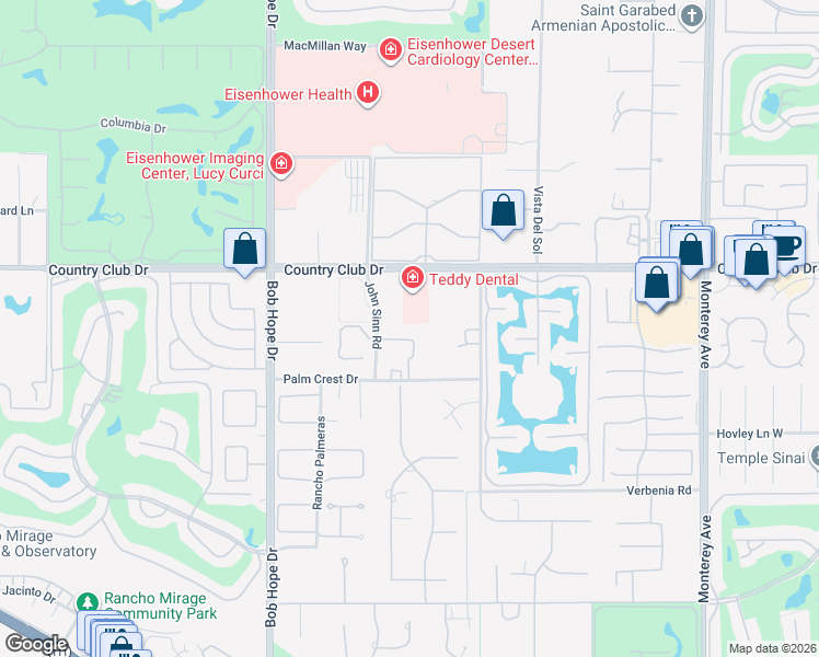 map of restaurants, bars, coffee shops, grocery stores, and more near 3 Makena Lane in Rancho Mirage
