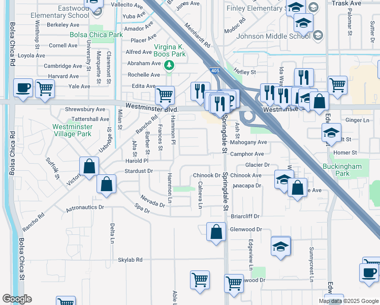 map of restaurants, bars, coffee shops, grocery stores, and more near 5811 Camphor Avenue in Westminster