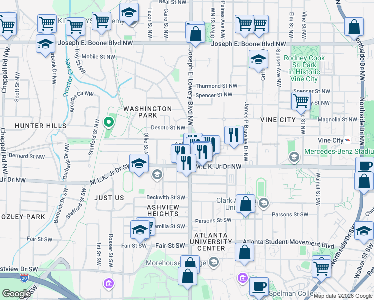 map of restaurants, bars, coffee shops, grocery stores, and more near 945 Harwell Street Northwest in Atlanta