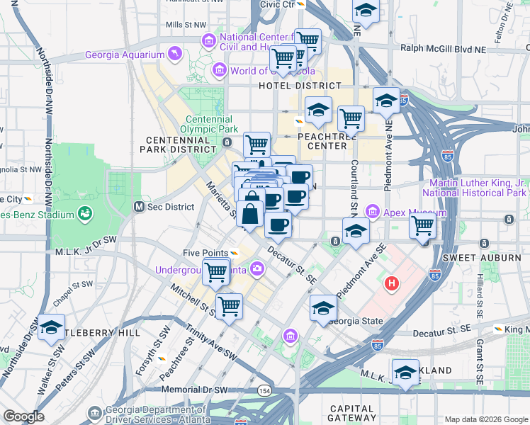 map of restaurants, bars, coffee shops, grocery stores, and more near 49 Forsyth Street Northwest in Atlanta