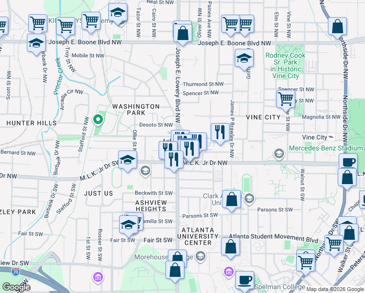 map of restaurants, bars, coffee shops, grocery stores, and more near 65 Joseph E Lowery Blvd in Atlanta