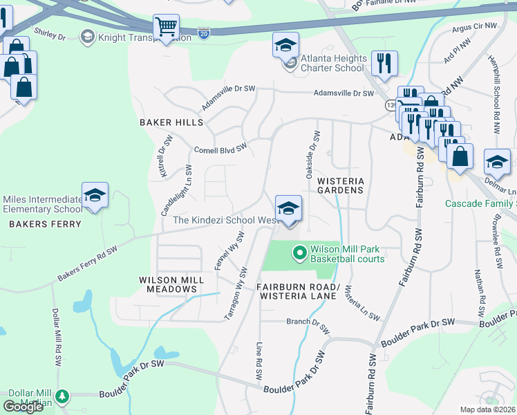 map of restaurants, bars, coffee shops, grocery stores, and more near 3908 Bakers Ferry Road Southwest in Atlanta