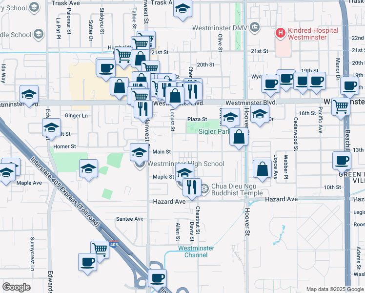 map of restaurants, bars, coffee shops, grocery stores, and more near 7161 Main Street in Westminster
