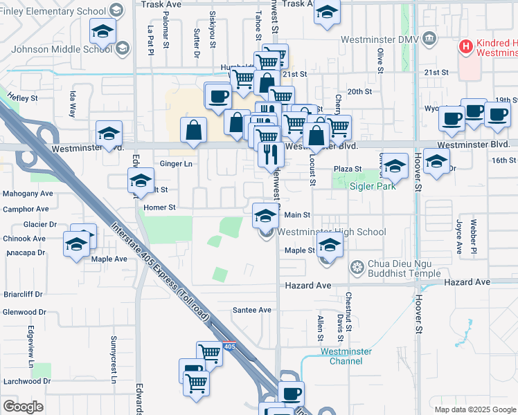 map of restaurants, bars, coffee shops, grocery stores, and more near 6921 Homer Street in Westminster