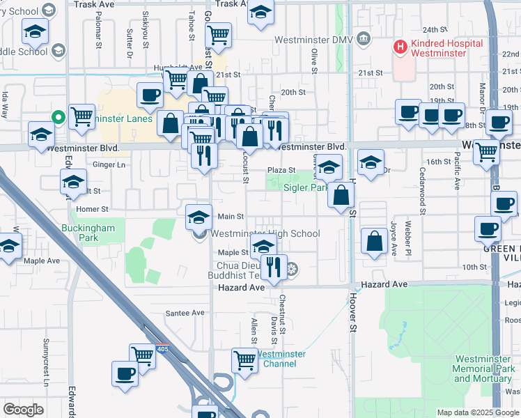 map of restaurants, bars, coffee shops, grocery stores, and more near 7161 Main Street in Westminster