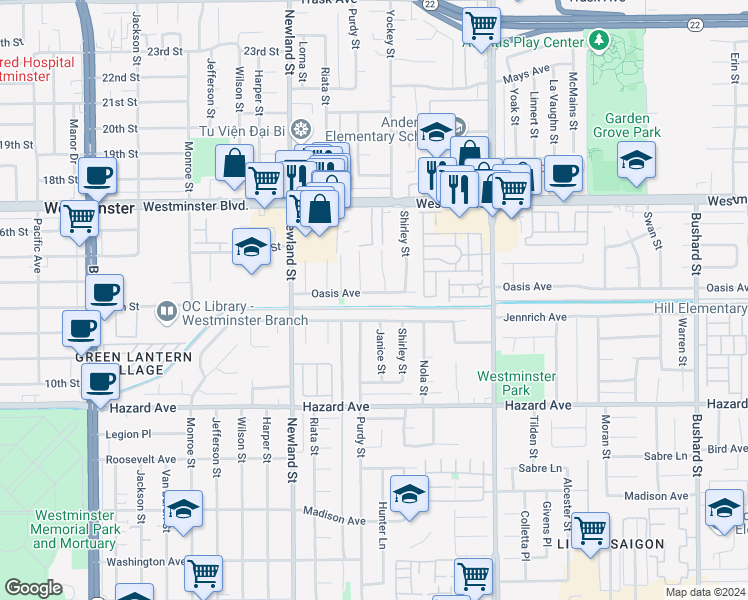 map of restaurants, bars, coffee shops, grocery stores, and more near 8682 Oasis Avenue in Westminster