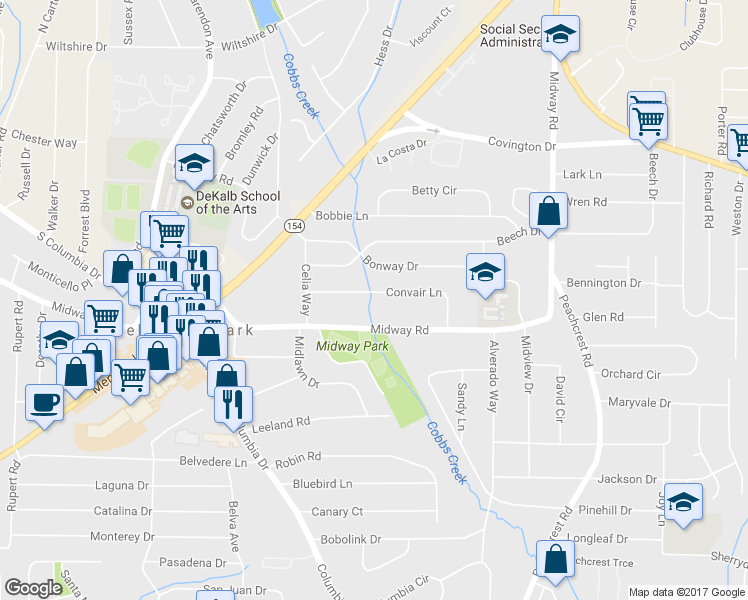 map of restaurants, bars, coffee shops, grocery stores, and more near 3189 Convair Lane in Decatur