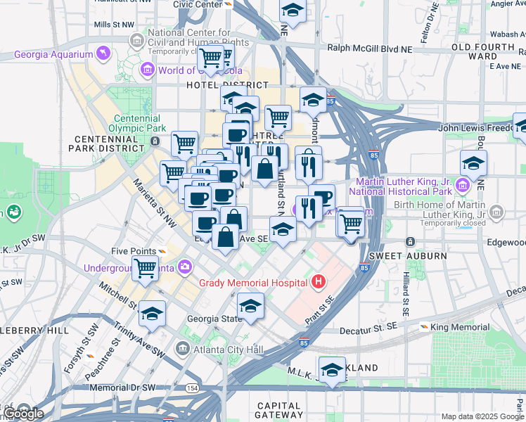 map of restaurants, bars, coffee shops, grocery stores, and more near 51 Peachtree Center Avenue Southeast in Atlanta
