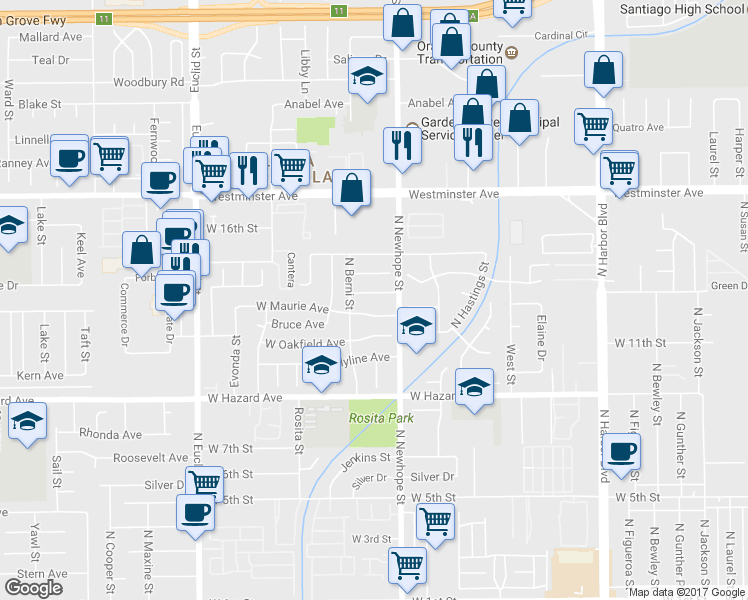 map of restaurants, bars, coffee shops, grocery stores, and more near 4522 West Penny Avenue in Santa Ana