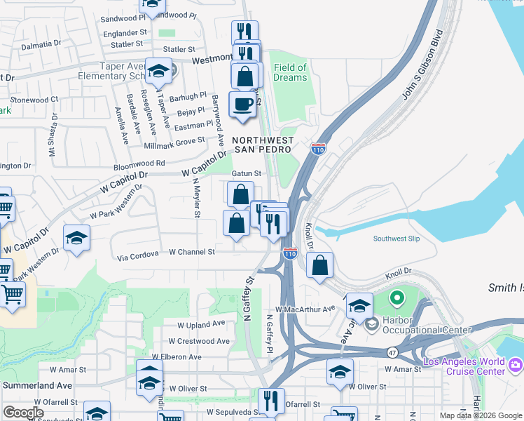 map of restaurants, bars, coffee shops, grocery stores, and more near 1305 North Gaffey Street in Los Angeles
