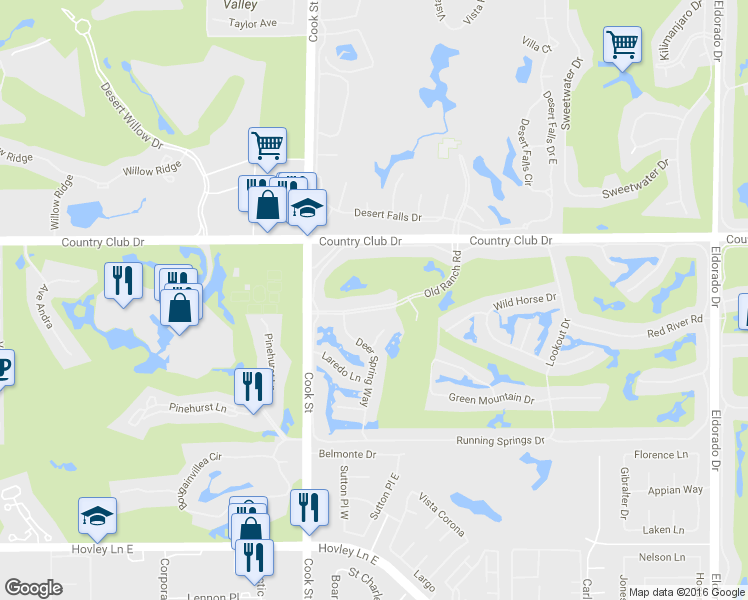 map of restaurants, bars, coffee shops, grocery stores, and more near 112 Old Ranch Road in Palm Desert