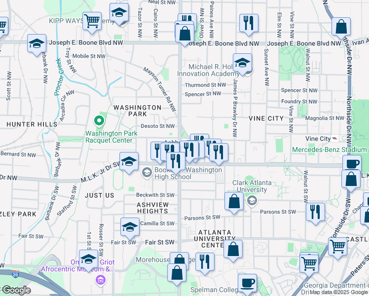 map of restaurants, bars, coffee shops, grocery stores, and more near 65 Joseph E Lowery Blvd in Atlanta