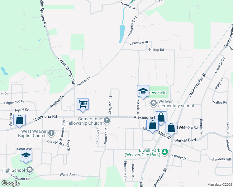 map of restaurants, bars, coffee shops, grocery stores, and more near 718 Timber Way in Weaver