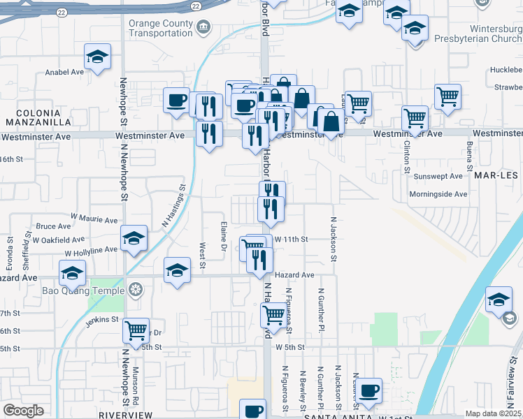 map of restaurants, bars, coffee shops, grocery stores, and more near 703 West Tribella Court in Santa Ana