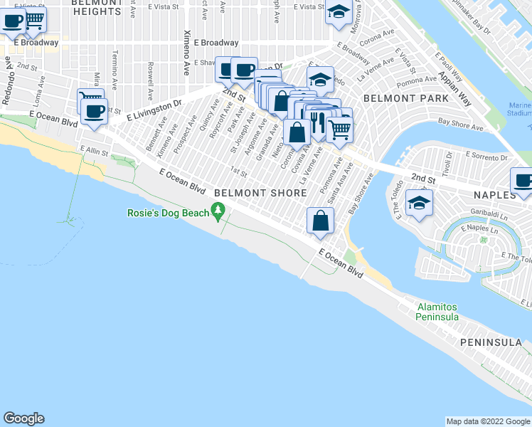 map of restaurants, bars, coffee shops, grocery stores, and more near 5225 East Ocean Boulevard in Long Beach