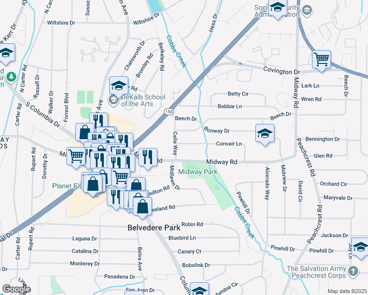 map of restaurants, bars, coffee shops, grocery stores, and more near 3153 Convair Lane in Decatur
