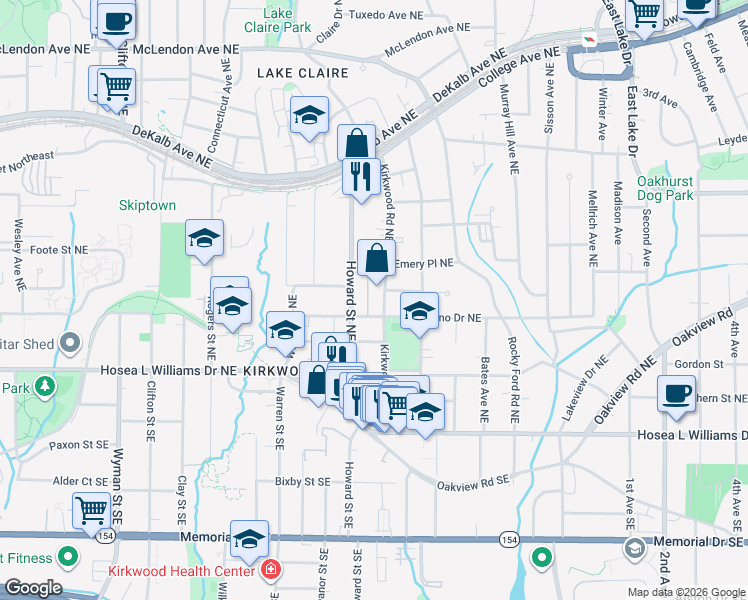 map of restaurants, bars, coffee shops, grocery stores, and more near 138 Kirkwood Road Northeast in Atlanta
