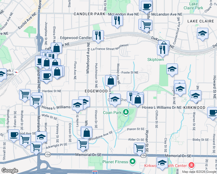 map of restaurants, bars, coffee shops, grocery stores, and more near 90 Mayson Avenue Northeast in Atlanta