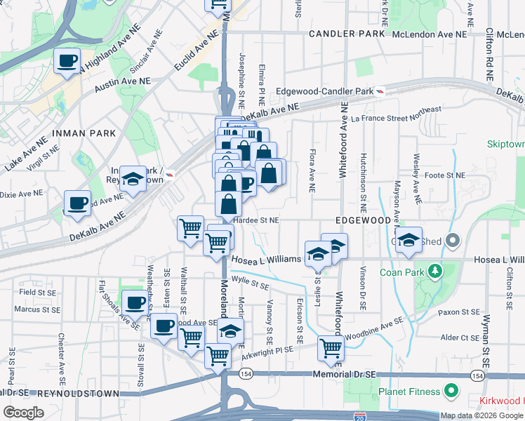 map of restaurants, bars, coffee shops, grocery stores, and more near 1258 Hardee Street Northeast in Atlanta