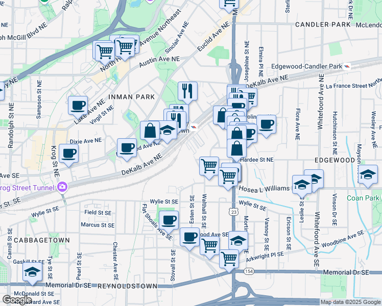 map of restaurants, bars, coffee shops, grocery stores, and more near 1070 Hardee Street Northeast in Atlanta