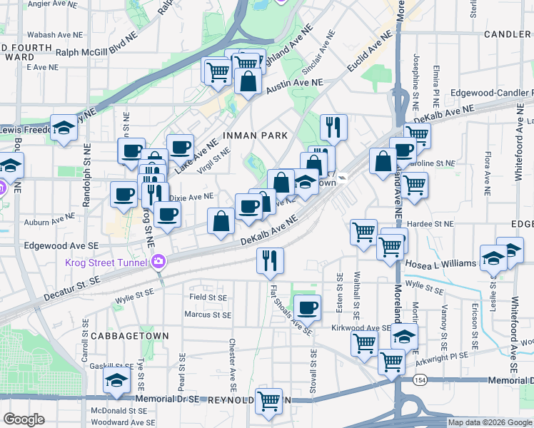 map of restaurants, bars, coffee shops, grocery stores, and more near 937 Edgewood Avenue Northeast in Atlanta