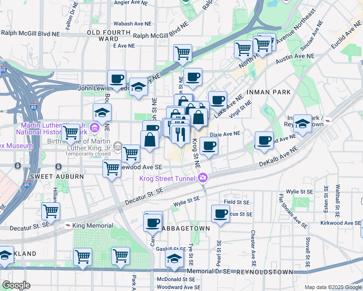 map of restaurants, bars, coffee shops, grocery stores, and more near 661 Auburn Avenue Northeast in Atlanta