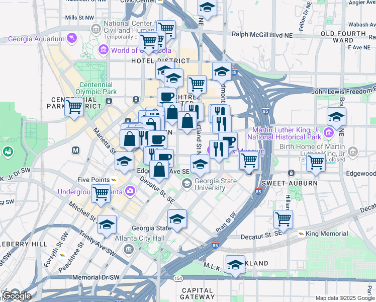 map of restaurants, bars, coffee shops, grocery stores, and more near 51 Peachtree Center Avenue Southeast in Atlanta