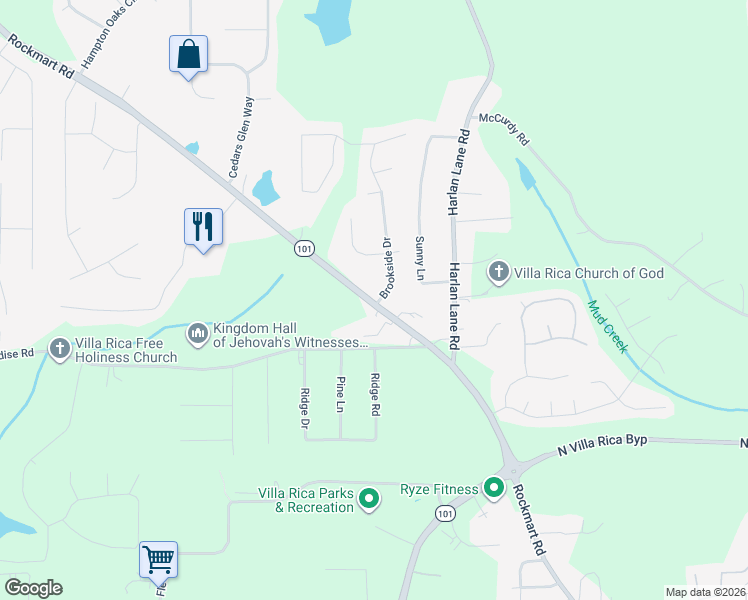 map of restaurants, bars, coffee shops, grocery stores, and more near 0 Brookside Drive in Villa Rica