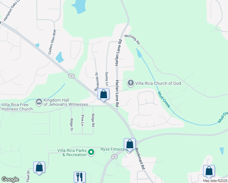 map of restaurants, bars, coffee shops, grocery stores, and more near 90 Harlan Lane Road in Villa Rica