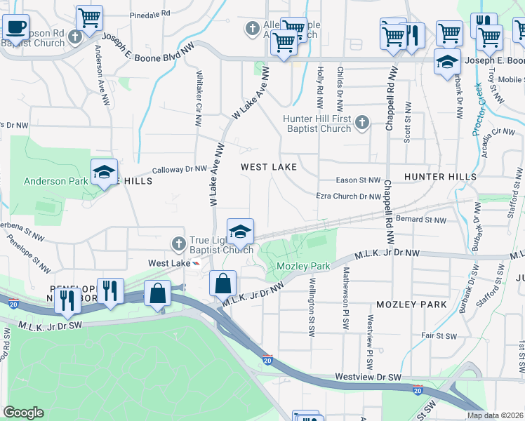 map of restaurants, bars, coffee shops, grocery stores, and more near 30 Gardenia Drive Northwest in Atlanta