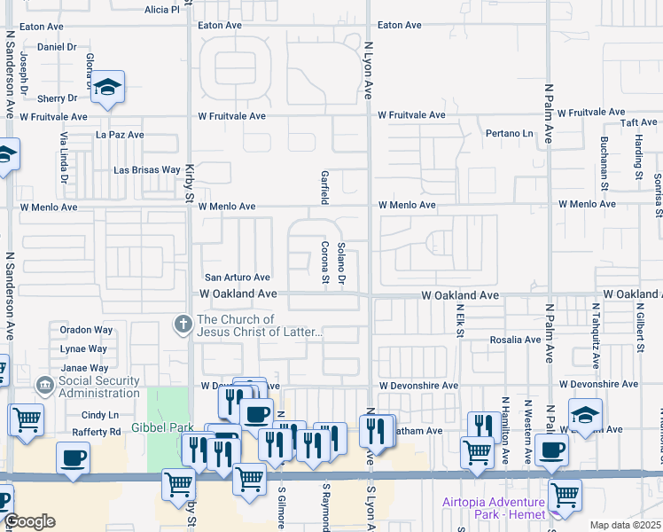 map of restaurants, bars, coffee shops, grocery stores, and more near 614 Corona Street in Hemet