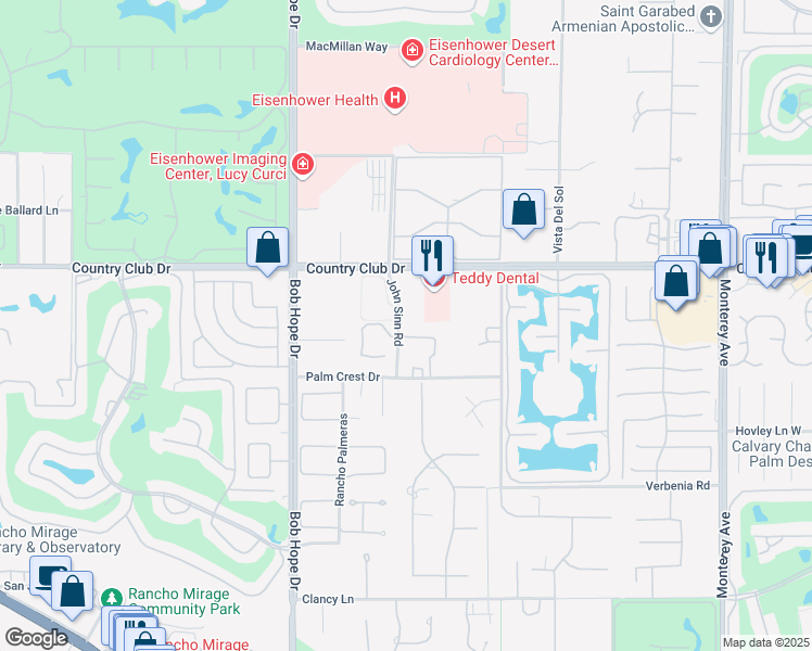 map of restaurants, bars, coffee shops, grocery stores, and more near 1 Makena Lane in Rancho Mirage