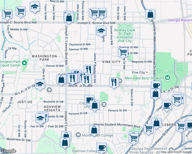 map of restaurants, bars, coffee shops, grocery stores, and more near 45 James P Brawley Drive Northwest in Atlanta