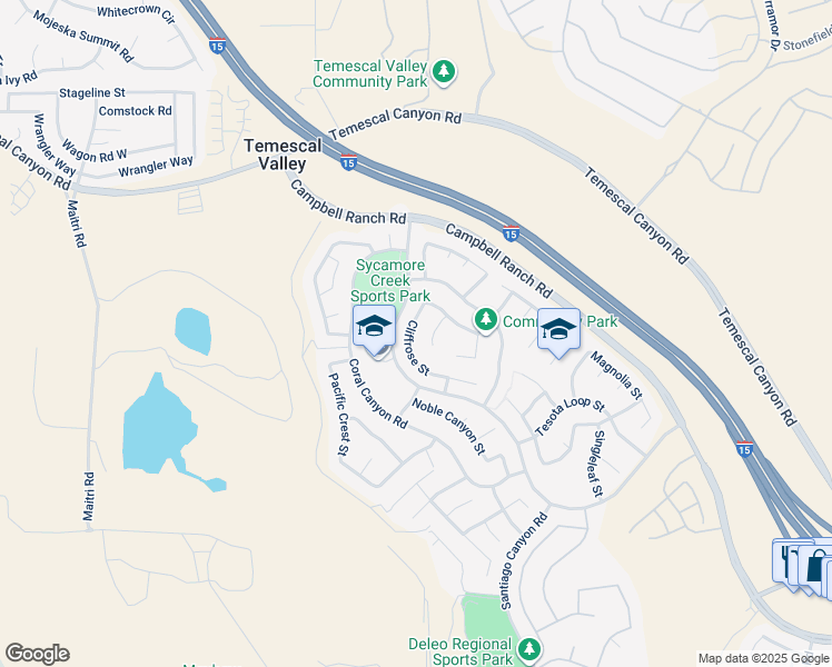 map of restaurants, bars, coffee shops, grocery stores, and more near 25010 Cliffrose Street in Corona