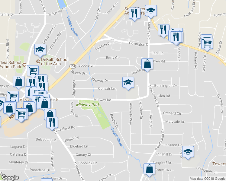 map of restaurants, bars, coffee shops, grocery stores, and more near 3257 Convair Lane in Decatur