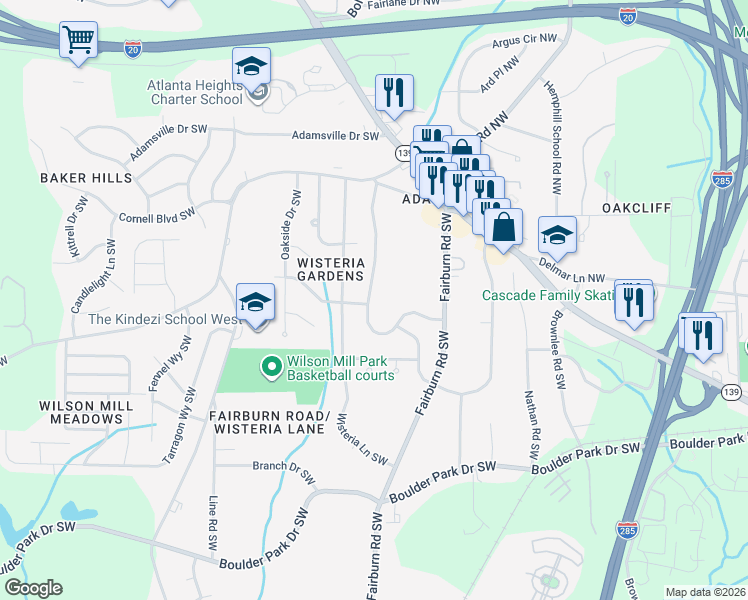 map of restaurants, bars, coffee shops, grocery stores, and more near 3939 Kenner Drive Southwest in Atlanta