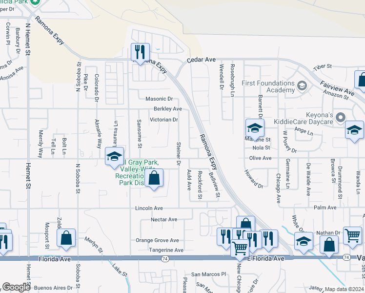 map of restaurants, bars, coffee shops, grocery stores, and more near 25192 Steiner Drive in Hemet