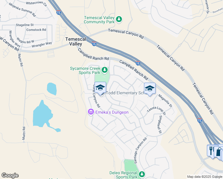map of restaurants, bars, coffee shops, grocery stores, and more near 25010 Cliffrose Street in Corona