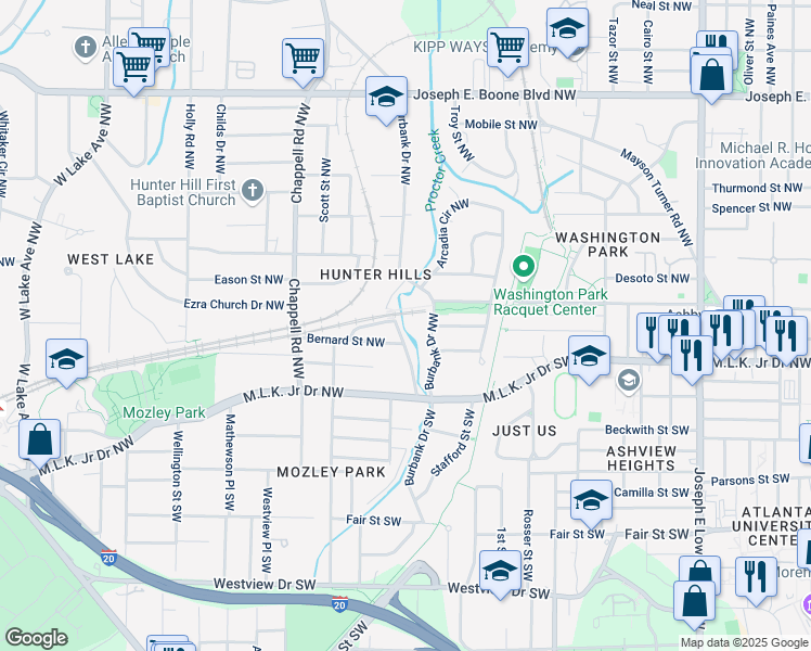 map of restaurants, bars, coffee shops, grocery stores, and more near 35 Rockmart Drive Southwest in Atlanta