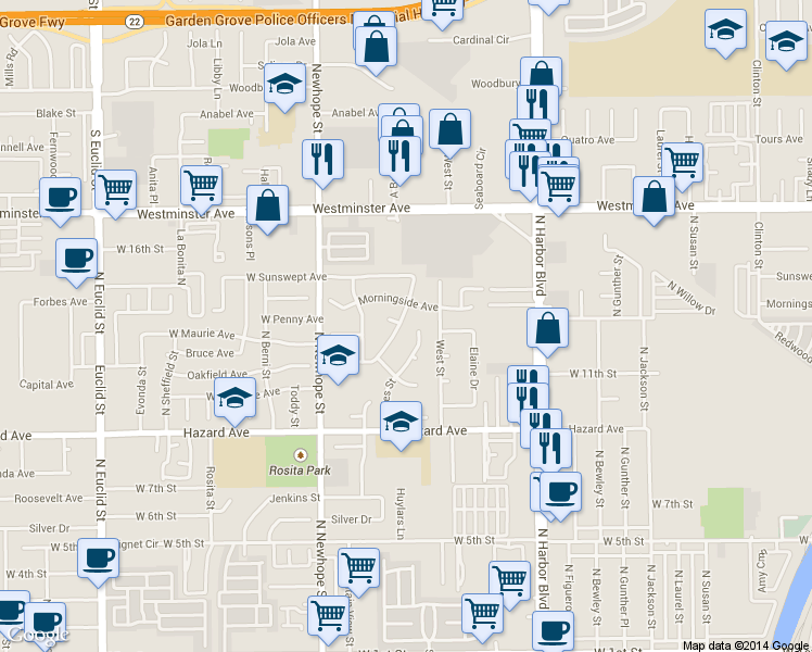 map of restaurants, bars, coffee shops, grocery stores, and more near 1225 North Hastings Street in Santa Ana
