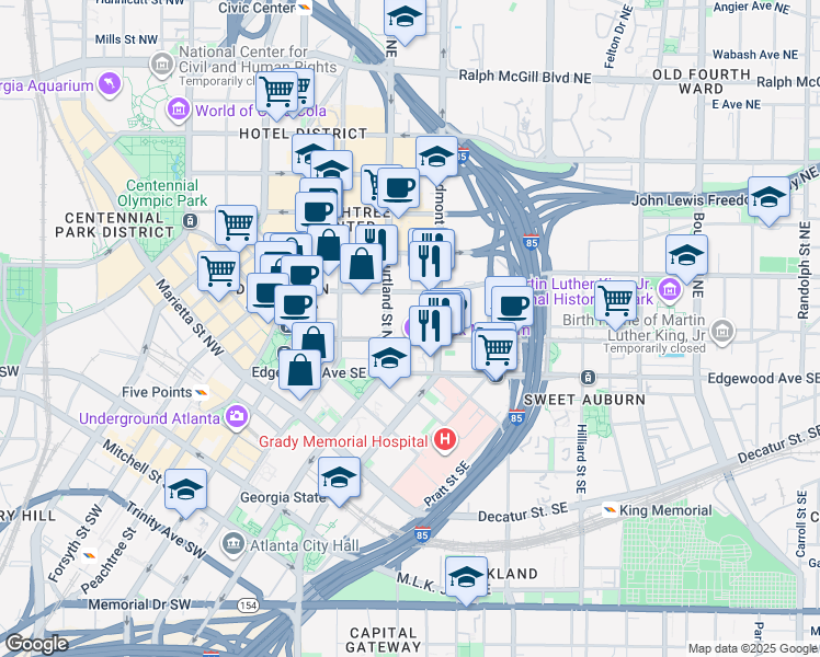 map of restaurants, bars, coffee shops, grocery stores, and more near 100 Auburn Avenue Northeast in Atlanta
