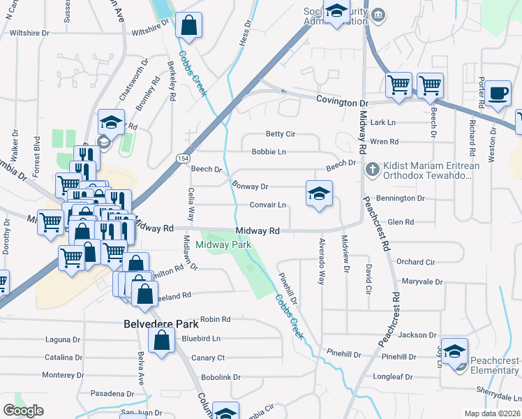 map of restaurants, bars, coffee shops, grocery stores, and more near 3227 Convair Lane in Decatur