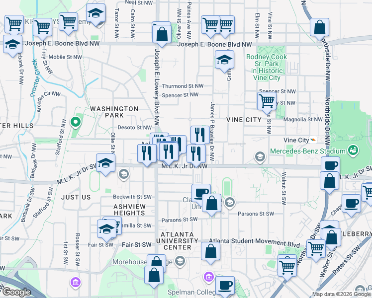 map of restaurants, bars, coffee shops, grocery stores, and more near Liberty Commons Drive in Atlanta