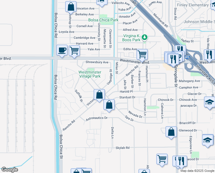 map of restaurants, bars, coffee shops, grocery stores, and more near 14222 Uxbridge Street in Westminster