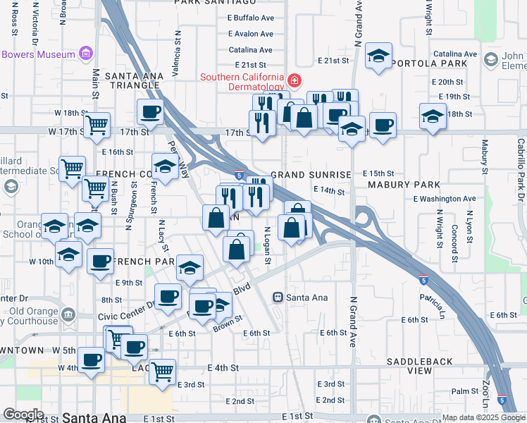 map of restaurants, bars, coffee shops, grocery stores, and more near 1301 North Custer Street in Santa Ana